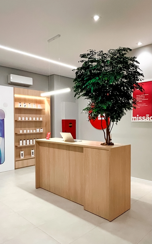 Interior da Loja HardSoft com balcão de madeira e planta decorativa